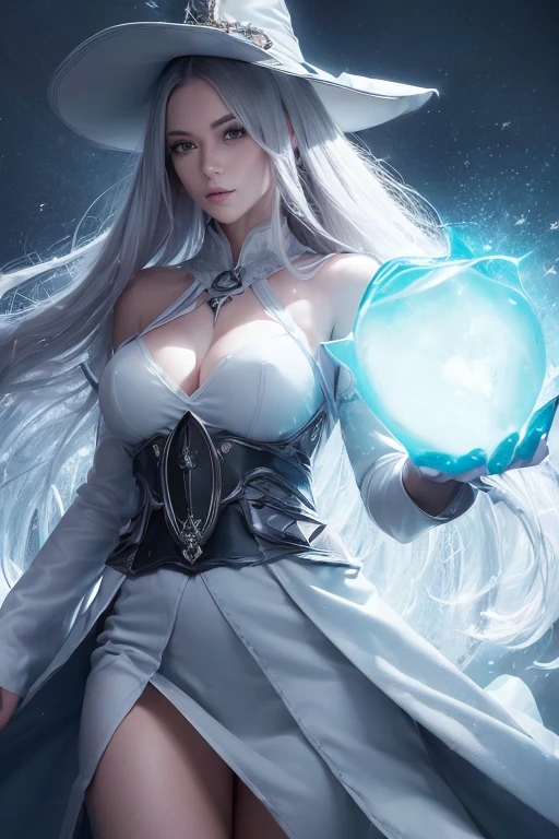 (master piece:1.8), (best quality:1.8), (exquisite lighting and shadow, highly dramatic picture, cinematic lens effect) 8k, wallpaper, looking at the viewer, female long silver hair waving in the air thin and tall young fantasy witch lady wearing a futuristic dark gray large tunic with white ornaments and very long tunic sleeves, large dress with white ornaments, white lines in dress, with a big light gray pointy magician hat with a big blue gem in the center, holding a middle magic staff with a big gem, thin waist, notorious hips, serious look in the eyes, beautiful eyes, beautiful lips, blue shiny energy lake background, blue glowing mist behind, blue stars, blue energy flying spots behind, ethereal lightning, sharp focus
