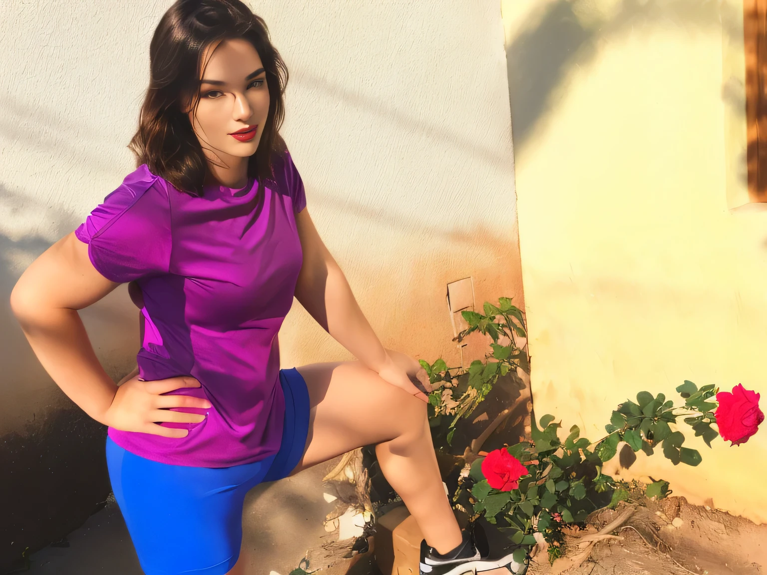 tThere is a woman in a purple t-shirt and very short blue shorts, very short and tight blue shorts, wearing a purple t-shirt, a tight purple t-shirt, a purple t-shirt, a violet t-shirt, a tight violet tank top, seen from the front, using gymnastics, wearing very short blue shorts and purple t-shirt, wearing tight and simple clothes, left leg on the wall. Slim woman with thin waist. Her body exudes glamor and her face is the definition of beauty. Test, highly realistic, reddish skin, beautiful, slightly full lips, red lipstick, feeling of lightness and joy, hyper-realism, very elaborate skin, direct look. Full body photo, clear and high quality photo. Beautiful woman, extremely sexy, very sensual. Masterpiece: 1.3, high resolution, (photographically realistic), 8k, NUDE, NUDITY, NFSW.