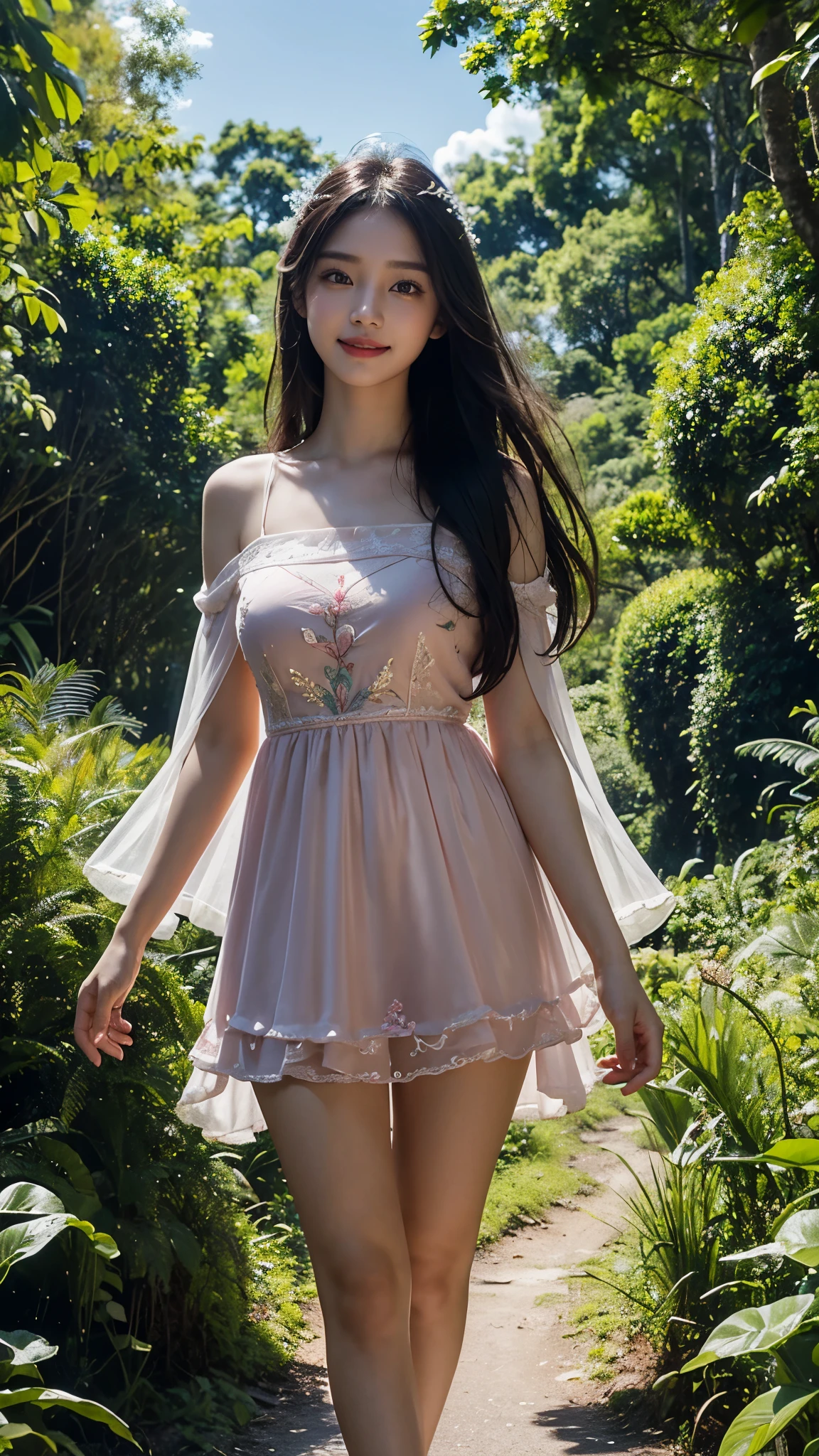 18 years girl, Asian Beauty Girl, A beautiful and cute girl, full body photo, extremely beautiful and delicate, black hair, sweet smile, (smile: 1.2), delicate beautiful fair skin, realistic and realistic, exquisite and complete facial features, detailed facial portrayal, high nose bridge, flowing smooth hair, extremely delicate hair, soft temperament, face light, tall, thin, real, hyper-real, full-body lens, (Beautiful layered frock Pink Party Dress with Embroidery), ultimate picture quality, highest precision, accurate and perfect human body structure. Blue sky and white clouds, Rain forest , very dangerous forest, Very height trees, walking in middle of forest, blue sky and white clouds, sunlight, 