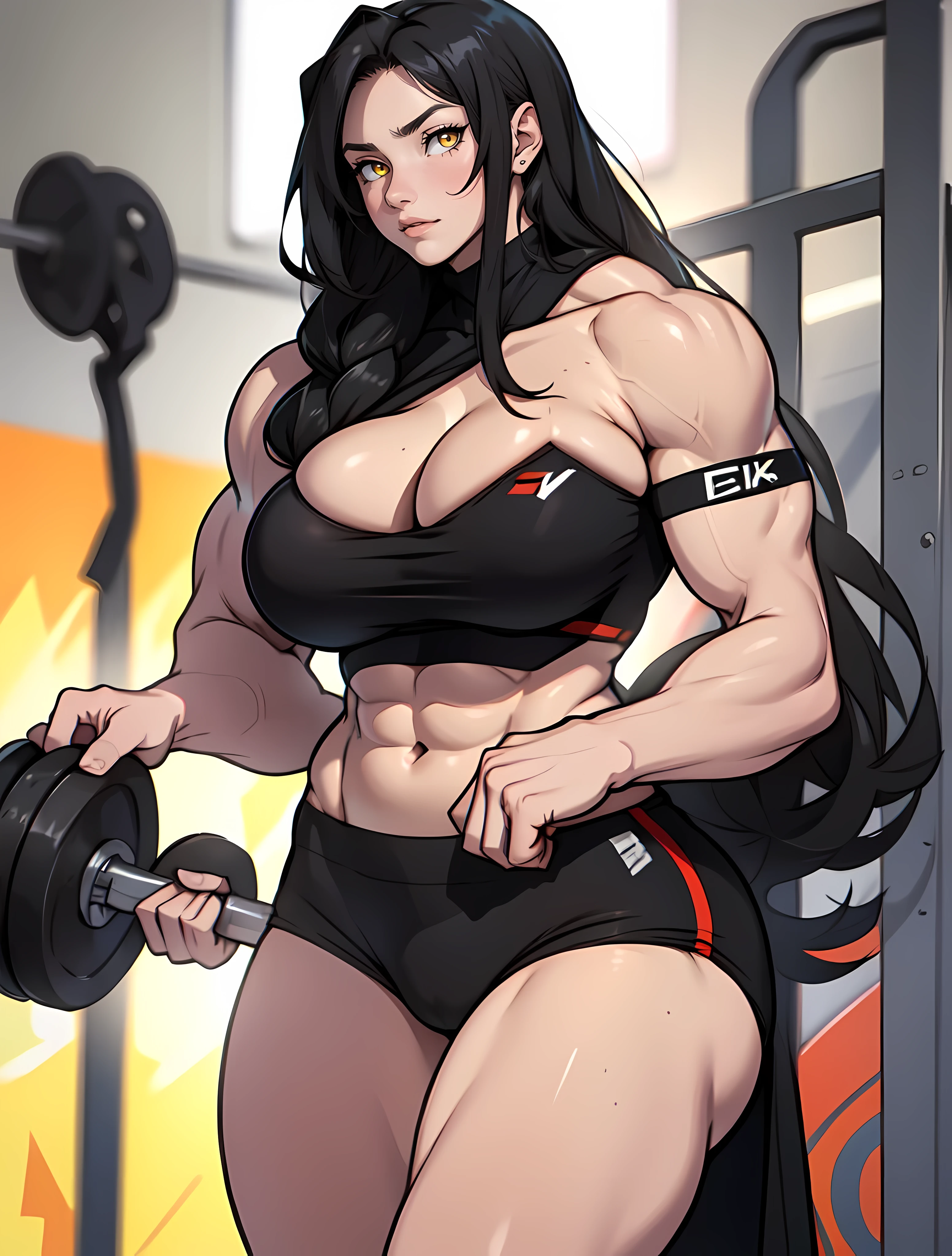 1girl, solo woman, alone sad very long hair (((masive female bodybuilder))) pale skin black hair yellow eyes (((huge breasts)))