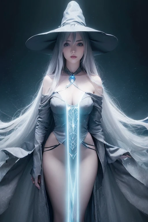 (master piece:1.8), (best quality:1.8), (exquisite lighting and shadow, highly dramatic picture, cinematic lens effect) 8k, wallpaper, looking at the viewer, female long silver hair waving in the air thin and tall young fantasy witch lady wearing a futuristic dark gray large tunic with white ornaments and very long tunic sleeves, large dress with white ornaments, white lines in dress, with a big light gray pointy magician hat with a big blue gem in the center, holding a middle magic staff with a big gem, thin waist, notorious hips, serious look in the eyes, beautiful eyes, beautiful lips, blue shiny energy lake background, blue glowing mist behind, blue stars, blue energy flying spots behind, ethereal lightning, sharp focus
