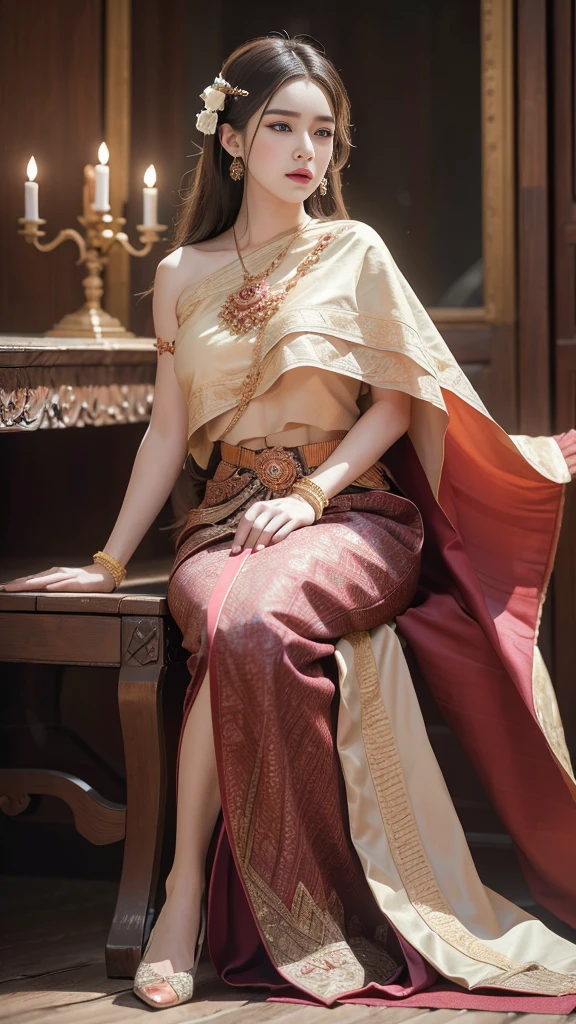 (raw photos:1.2), (realistic:1.4), (Masterpiece:1.3), (best quality:1.4), Ultra high resolution, (Detailed eyes), (Detailed facial features), (Detailed clothing features), HDR, 8K resolution, Focus only, Dressing according to Thai tradition, Traditional shawl , 1 woman , big breasts, A gigantic rift, big breastsดันเสื้อผ้า, big breast, Breasts are fully grown., Make your breasts bigger.., small waist, Long legs, Facing the audience, Full body, depth of field, Cinema-grade lighting system, big breasts, too big for your body, Showing a flat stomach, The lower half of the breast is visible., Sexy sitting or lying position, Picture from a very low angle, Gestures that capture a man's heart, Gestures that arouse emotion, legs apart, Spread your legs apart., reveal, Sitting with legs raised, impolite