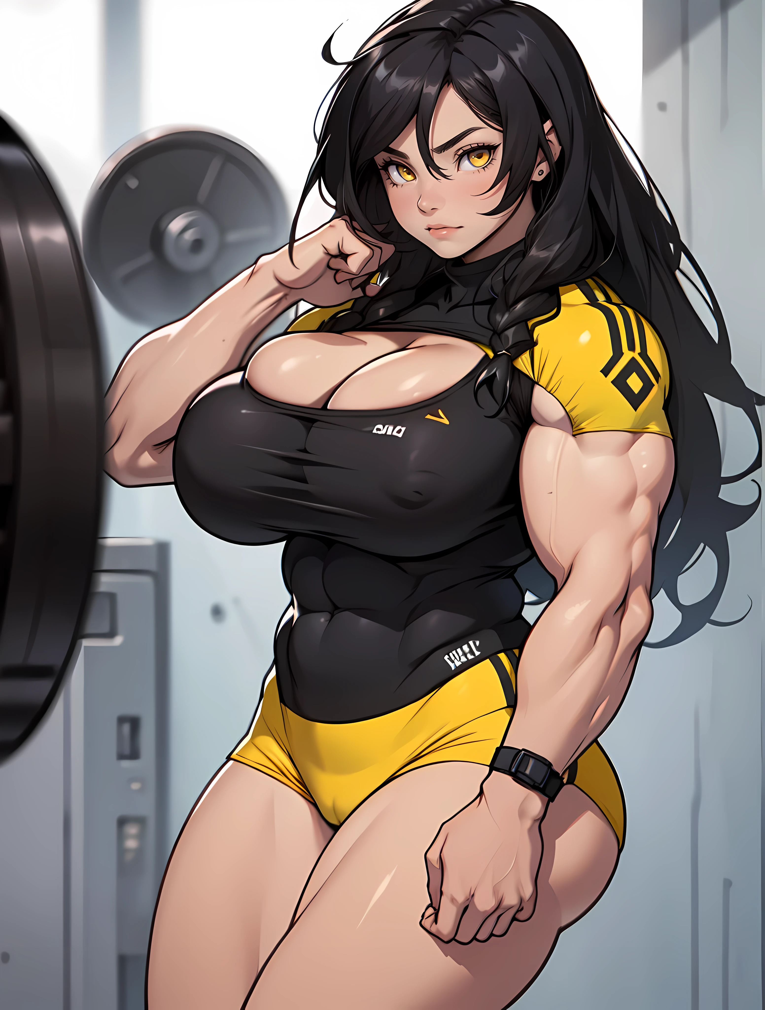 1girl, solo woman, alone sad very long hair (((masive female bodybuilder))) pale skin black hair yellow eyes (((huge breasts))) ((perfect anatomy))
