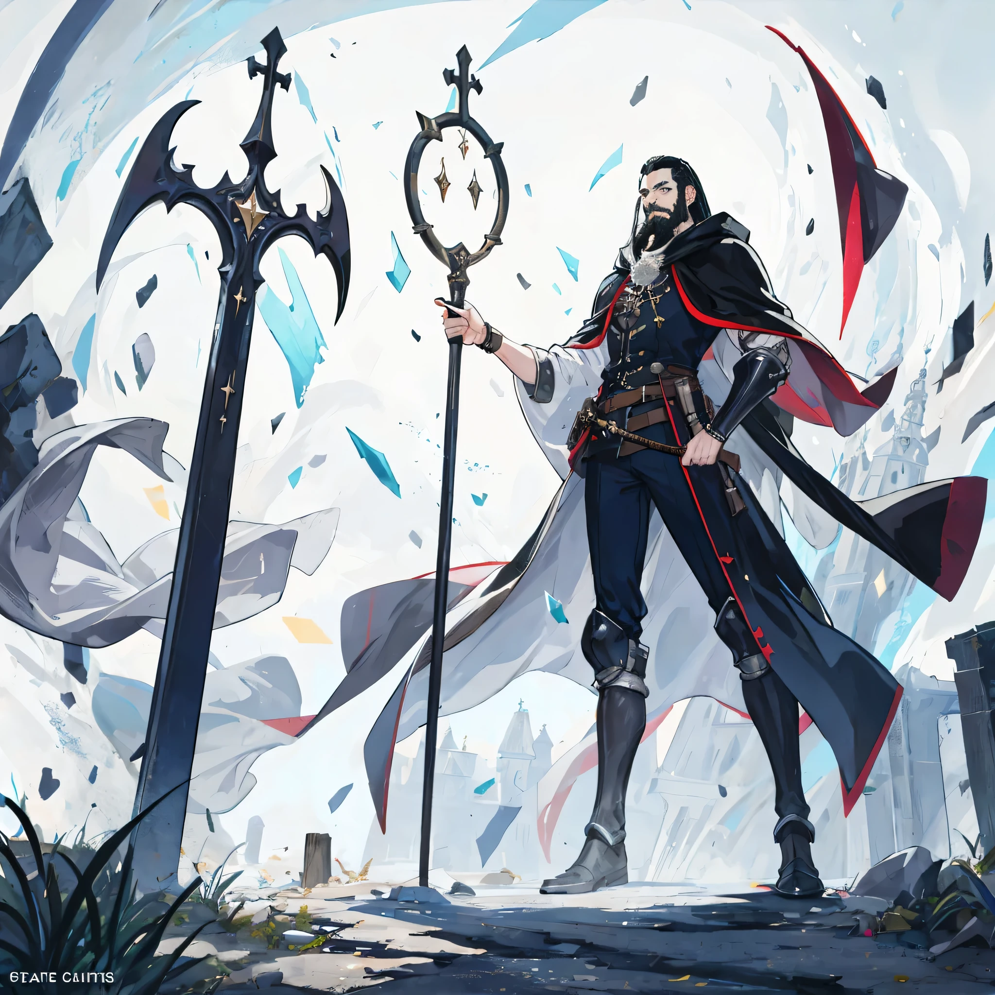 one man, 50 year old merchant with a full beard, black hair, black beard, with white cloak, In full medieval plate armor, white cloak, vampire hunter d style, flat, 2D, full body shot, catholic, cool pose, gauntlet, medieval staff,full body,whole body,merchant,