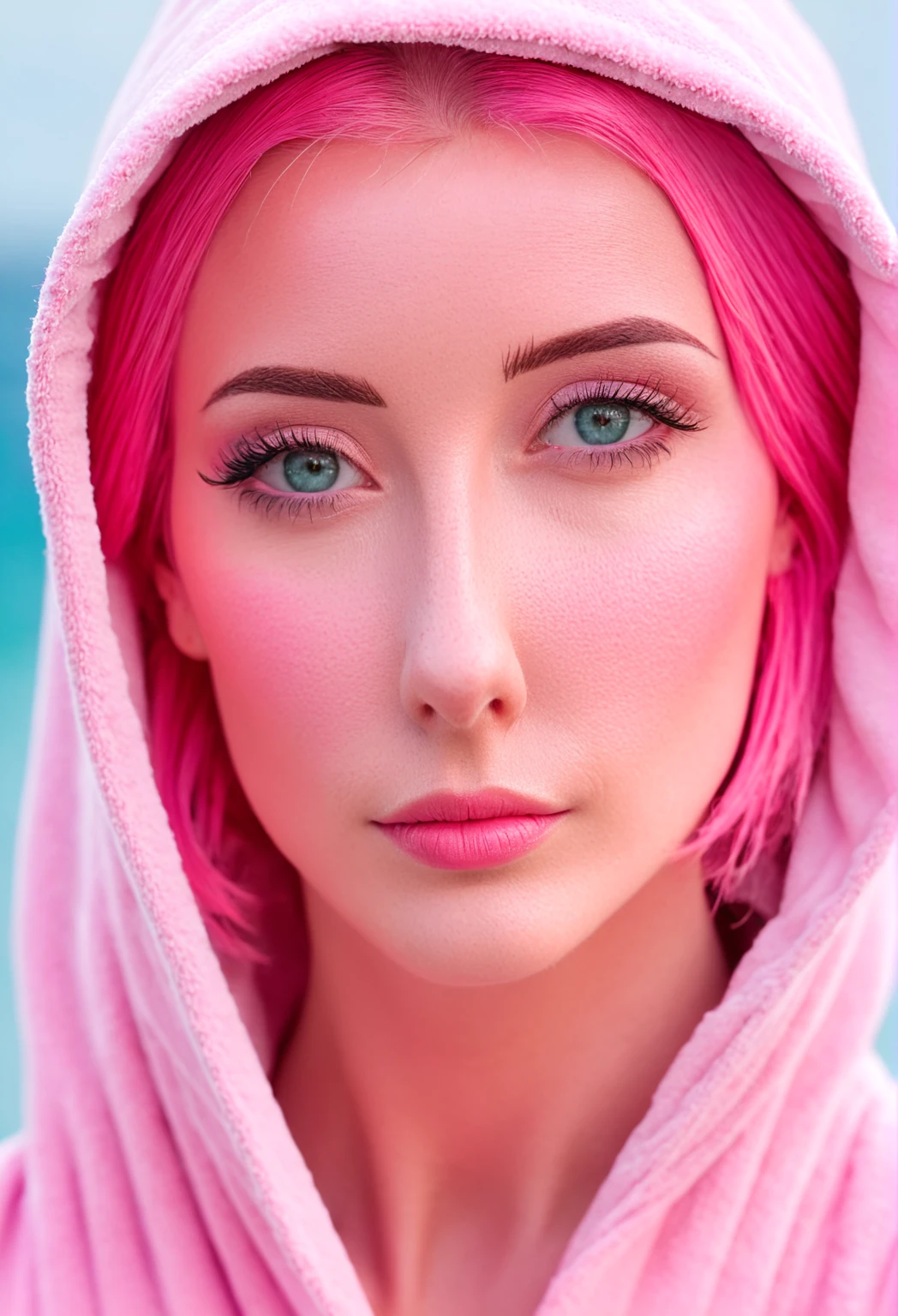 Close-up of a woman with pink hair wearing a pink robe, smooth pink skin, amorant, soft portrait shot 8k, Anna Nikonova, aka newmilky, beautiful dolphin, better known as amorant, split, pink girl, anime girl in real life, 8K Artgerm bokeh, a little pink, Pink pastel, pastel pink