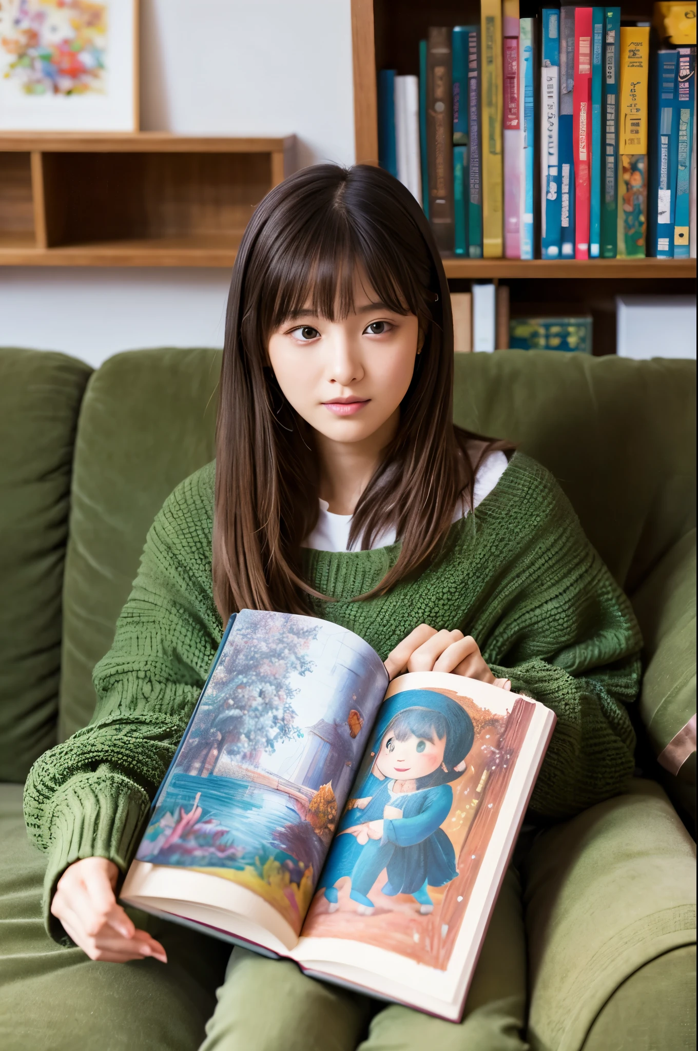 There is a person sitting on the sofa holding a book., Photo album, Children&#39;s books, Picture books for children, Art Cover, Children&#39;s books, Children&#39;s books cover, Official product images, Beasts, Advertising images, story book, With Japanese text, cute picture, Medium portrait, Children&#39;s illustrations,"(setting):(best quality),(masterpiece),(detailed),(ultra detailed),(insanely detailed),(ultra-quality),(highly detailed),(FHD)"