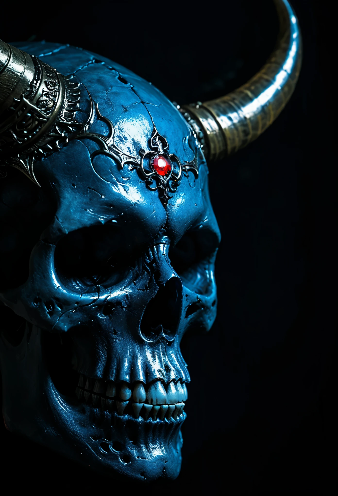 With glow horns、Close-up of a skull with a red head, Dragon Portrait, by Rostland, Benedict Barna, Morel,Multi-metal ring ornaments,Miracle,Dark atmosphere,Black Forest,glow light,Blue arc
