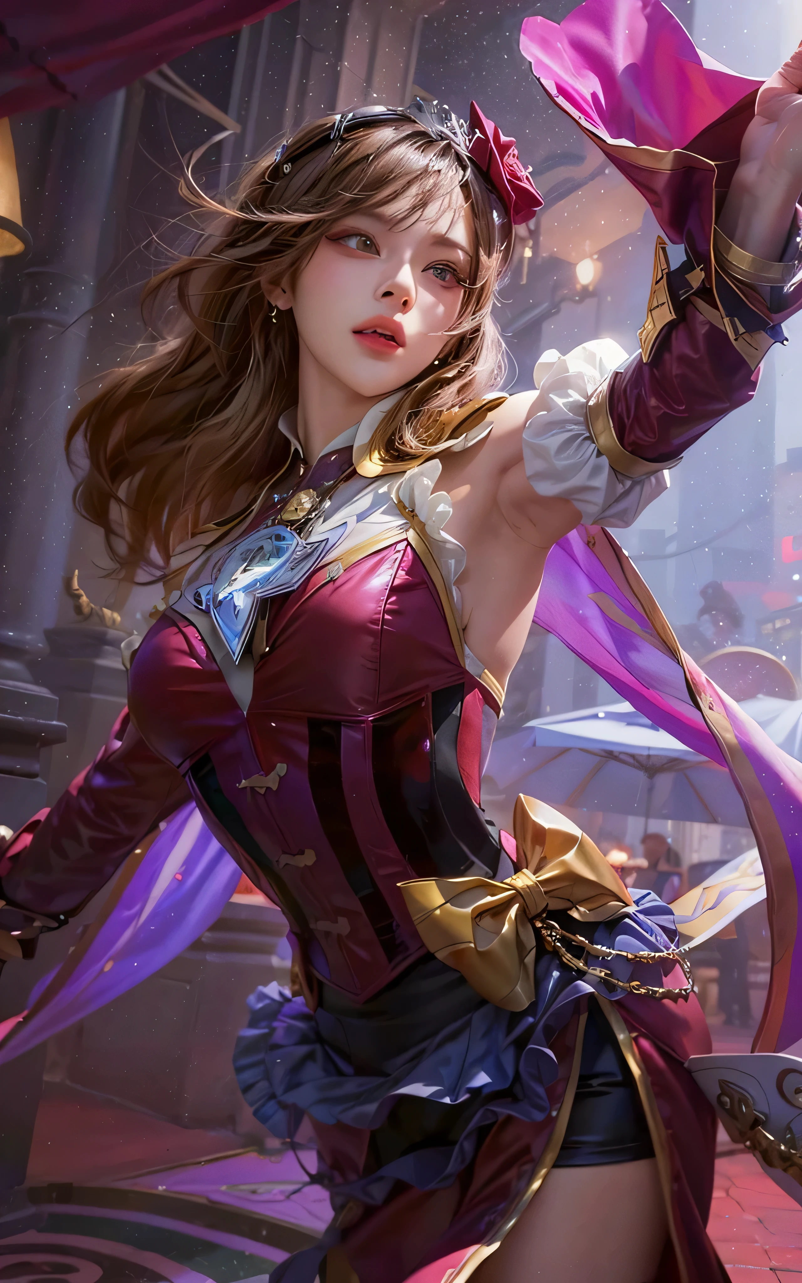 a close up of a woman in a costume holding a pink hat, orianna, extremely detailed artgerm, ! dream artgerm, cushart krenz key art feminine, style artgerm, artgerm detailed, valentina remenar, artgerm. high detail, kda, miss fortune, ig model | artgerm, ashe, photorealistic