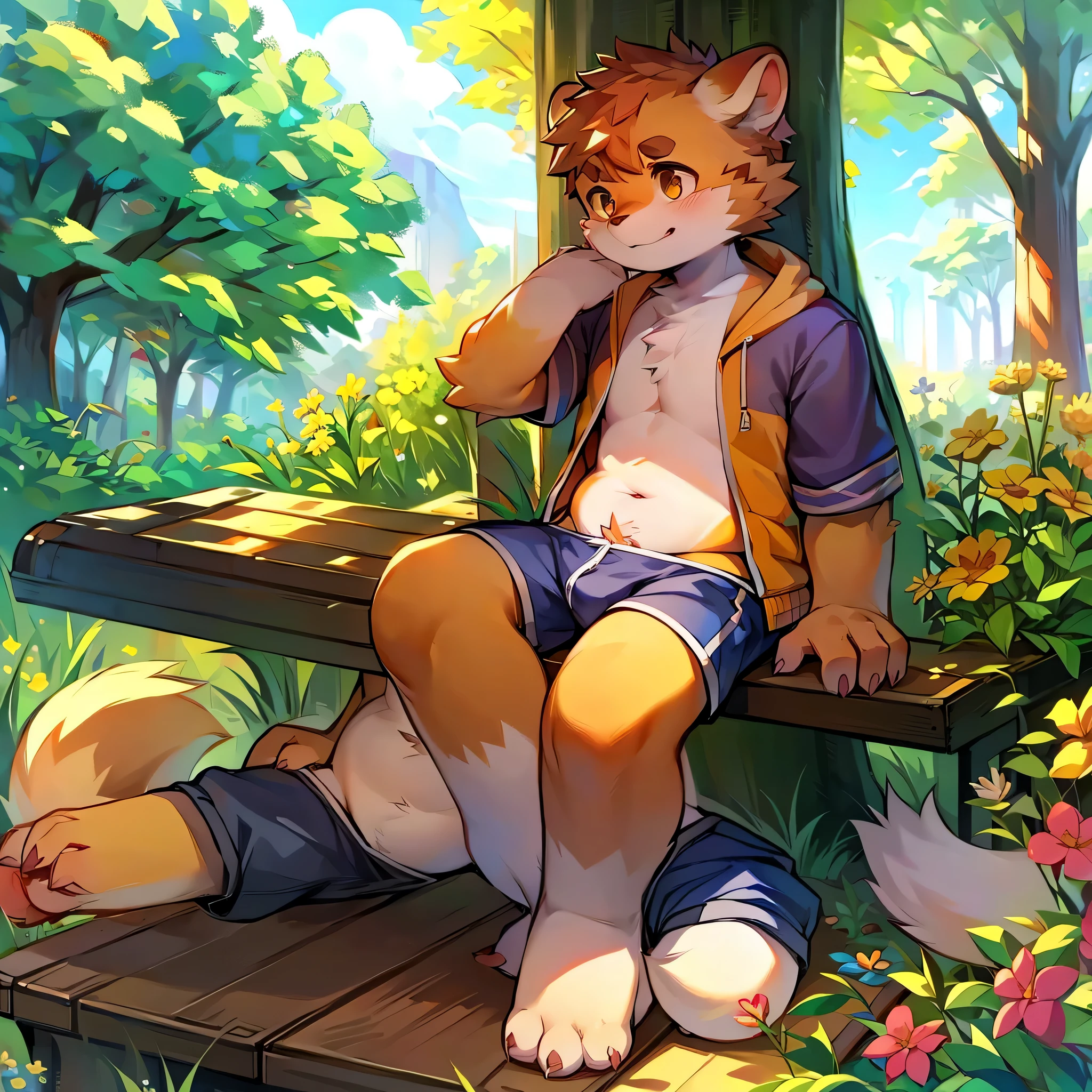 Tanuki,Beast,hairy, male, Solitary,wearing summer shorts,summer,Sit on a bench in the park,Flowers all around