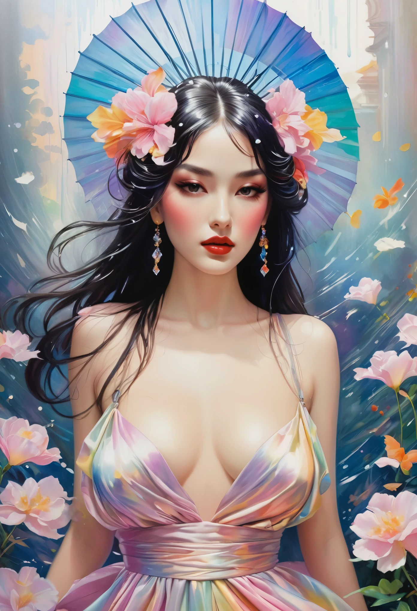 chiaroscuro technique on sensual illustration of an elegant queen (((long hair with bangs:1.4、Beautiful bangs) , vintage ,silky dress, matte painting, by John Singer Sargent, by Harumi Hironaka, abstract background, (upper body:1.5), Rainbow rain, highly detailed, digital artwork, high contrast, dramatic, refined, tonal, an intimate, seductive studio setting with a focus on sensuality and romance. Utilize soft, warm lighting that bathes the space in a gentle, inviting glow. Incorporate luxurious fabrics, plush furnishings, and a touch of decadence to evoke an opulent ambiance. The scene should exude an air of serenity and anticipation, inviting the viewer into a sensual and romantic space