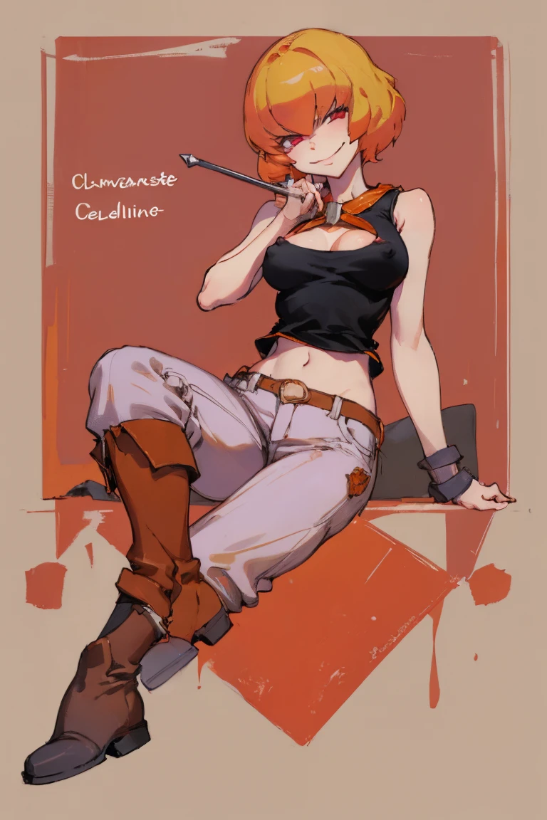 ((highest quality)), ((masterpiece)), (be familiar with),Clementine,Overload,{{nsfw}},Sleeveless hoodie,Grey Shirt,cargo pants,Bewitching Smile,whole body,boots,Long coat,Erect nipples
