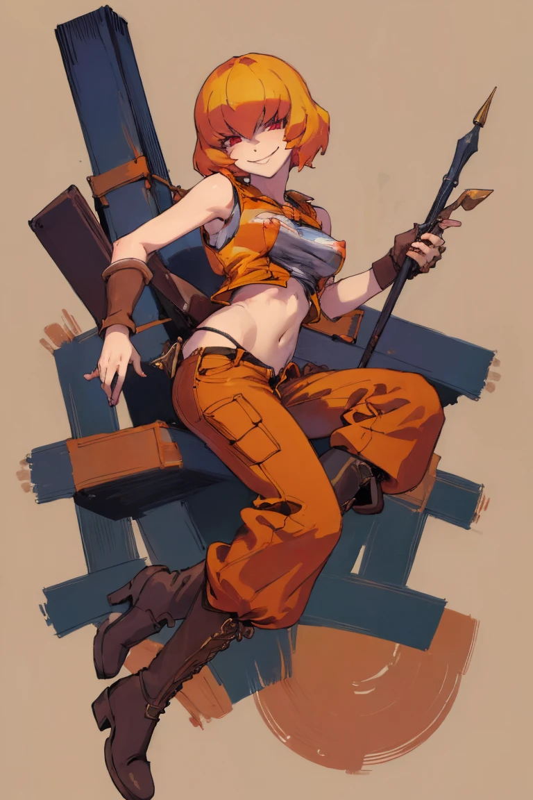 ((highest quality)), ((masterpiece)), (be familiar with),Clementine,Overload,{{nsfw}},Sleeveless shirt,pants,Bewitching Smile,whole body,boots