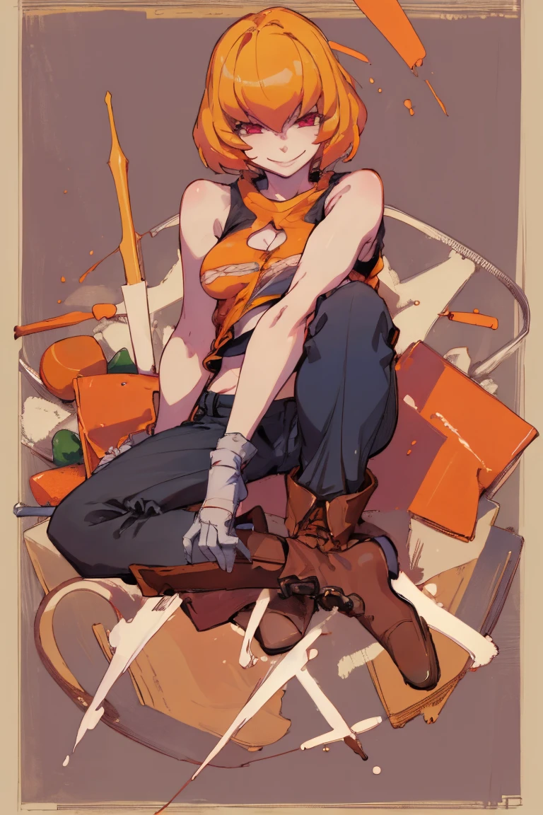((highest quality)), ((masterpiece)), (be familiar with),Clementine,Overload,{{nsfw}},Sleeveless shirt,pants,Bewitching Smile,whole body,boots