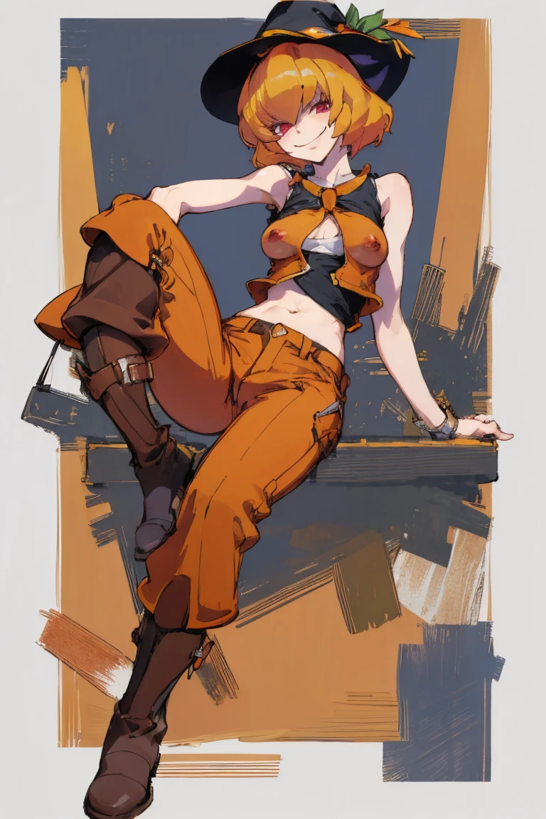 ((highest quality)), ((masterpiece)), (be familiar with),Clementine,Overload,{{nsfw}},Sleeveless shirt,pants,Bewitching Smile,whole body,boots