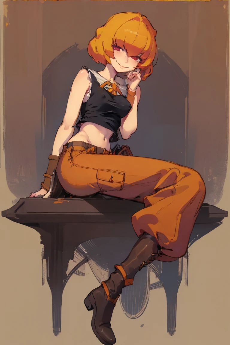 ((highest quality)), ((masterpiece)), (be familiar with),Clementine,Overload,{{nsfw}},Sleeveless shirt,pants,Bewitching Smile,whole body,boots