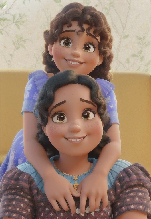 mae e filha de pele morena e olhos castanhos escuros sorriso banco, maria chiquinha&#39;s  with curls and mother with loose hair disney pixar style, alta qualidade, Better definition 