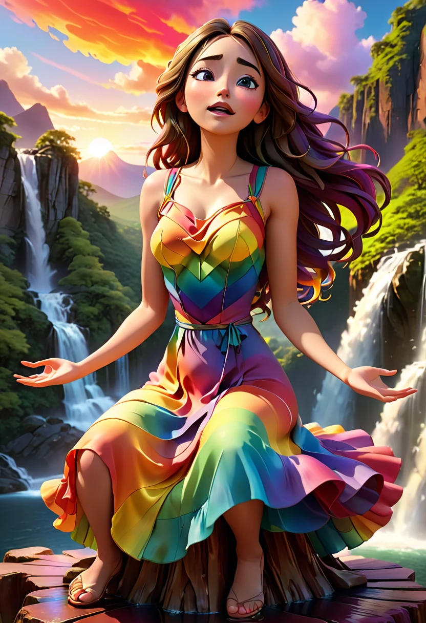 A powerful and vibrant 3D rendered image of a woman embracing her emotions. She is wearing a rainbow-colored dress, sitting on a floating platform, with her eyes closed and her hands raised to the sky. There is a cascade of colorful and luminous emotions radiating from her body, symbolizing your acceptance and connection to her feelings. The background shows a stunning landscape of mountains and waterfalls, with a sunset casting warm tones across the scene. The overall environment is uplifting and cinematic, evoking a sense of empowerment and transformation., cinematic, photographic, 3D rendered, vibrant