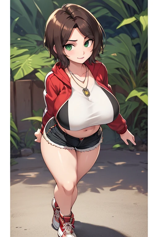 Aunt Cass, Aunt Cass Big Hero 6, MILFs, one woman, Mature female, brown hair, mid-length wavy hair, big green eyes, pale skin, round face, arrogant smile, thin eyebrows, Curvilinear waist, Looking at the Viewer, sensual cleavage, full breasts, Mature Face, curvy female, thick thighs, voluptuous female, soft breasts, Female focus, Mom's breasts, mommy, charming countenance, Imposing female, ((Wearing crop-top, jacket, short-shorts and sneakers)), silver necklace with a pendant, wrinkles, red lips, short hair, dynamic pose, very adventurous, (detailed background),detailed landscape, (full body portrait:1.2), (dynamic pose:1.2), wide shot, daylight, (jacket, crop-top, shorts:1.2), posing for the camera, art by Artgerm, painted background, studio portrait, soft light, bezel lighting, shimmer in the eyes, bokeh background, picturesque, 8K, HDR, RGB, Ultra-HD
