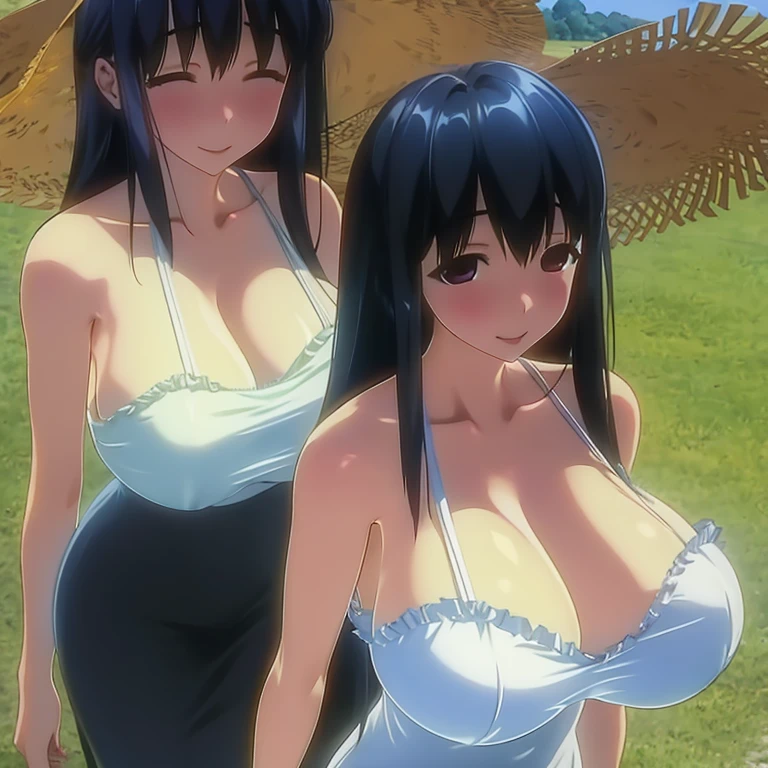 (masterpiece, highest quality:1.2), 1 girl, alone,(long black hair,dull bangs),40 year old Japanese woman,beautiful face,blush,smile,(huge breasts:1.1),in the backyard,during the day