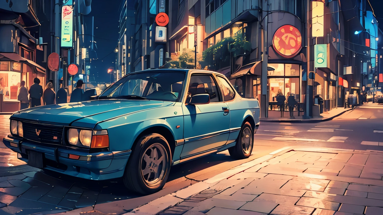 (best quality,ultra-detailed,realistic:1.37),(Japanese 80's Pop),(bird's eye view from above),(diagonal angle),(Blue lights),(City lights reflect on the car),(at night),(Two persons),(girl and youngman),(two people in a car),(Two seater in a car), (a foreign car),(Passersby pass by on the sidewalk )In a busy downtown area at night, while passersby are bustling about, a middle school girl in a sailor uniform is riding in a foreign car driven by a man wearing sunglasses and an Hawaiian shirt, sticking her head out of the passenger seat and looking out at the street.