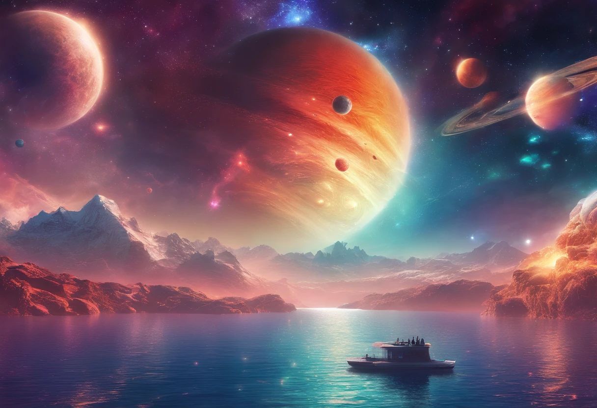(best quality,4k,highres:1.2),vibrant colors,extraordinary,dreamlike,otherworldly,unrealistic,magical,wonderful landscape,ethereal atmosphere,alien planet,exotic skies,enchanted scenery,majestic view,breathtaking beauty,sci-fi fantasy,unique composition,detailed background,rich textures,fantastic art,impressive perspective,giant rainbow,picturesque planets with rings,shining sky,glowing stars,deep space galaxies,blend of colors and lights,celestial bodies,serene ambiance,cosmic dream,serendipitous moment,captivating textures,endless horizons,mysterious atmosphere,surreal experience,sublime vision,entrancing scenery,mesmerizing cosmic energy,etheric art,stellar journey,celestial splendor,interstellar voyage.