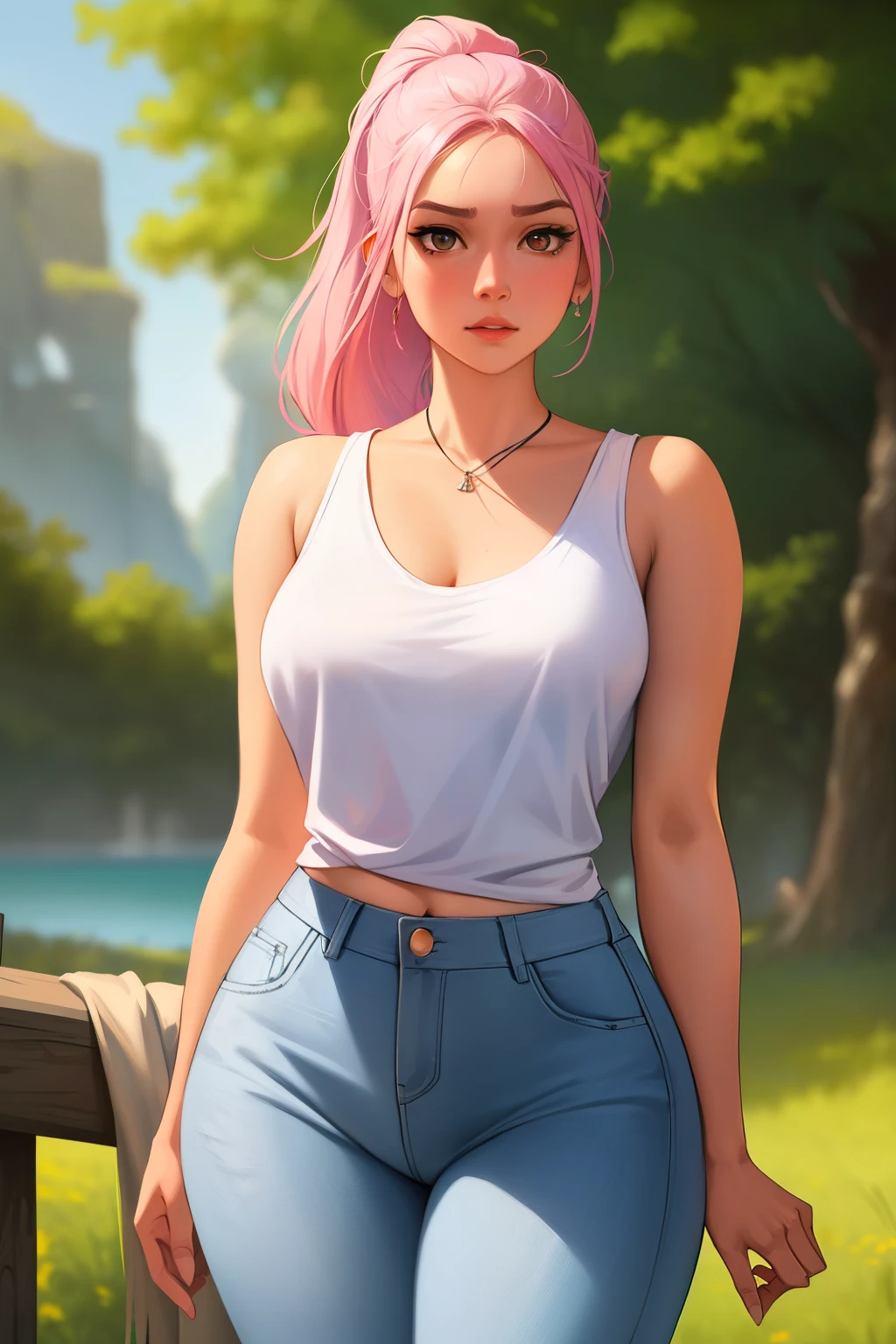 Arafed woman with Indian features, wearing a long open ponytail of smooth pink hair, dons a white tank top and denim jeans. Ross Tran's 8k artistic rendition captures her seductive allure, with alena aenami and artgerm's influence subtly present, imbuing the scene with some pink hues. The photorealistic anime girl render showcases her beautiful, alluring form, accentuating her thicc figure in 3d detail. -s2