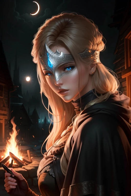 Firekeeper - Dark Souls 3, mask, mask covers eyes, mouth and nose exposed, ig model | artgerm, extremely detailed artgerm, hyperrealistic fantasy art, artwork in the style of guweiz, artgerm and wlop, wlop and artgerm, alena aenami and artgerm, artgerm. anime illustration, dark moody atmosphere, solar eclipse, outside, stars, bon fire