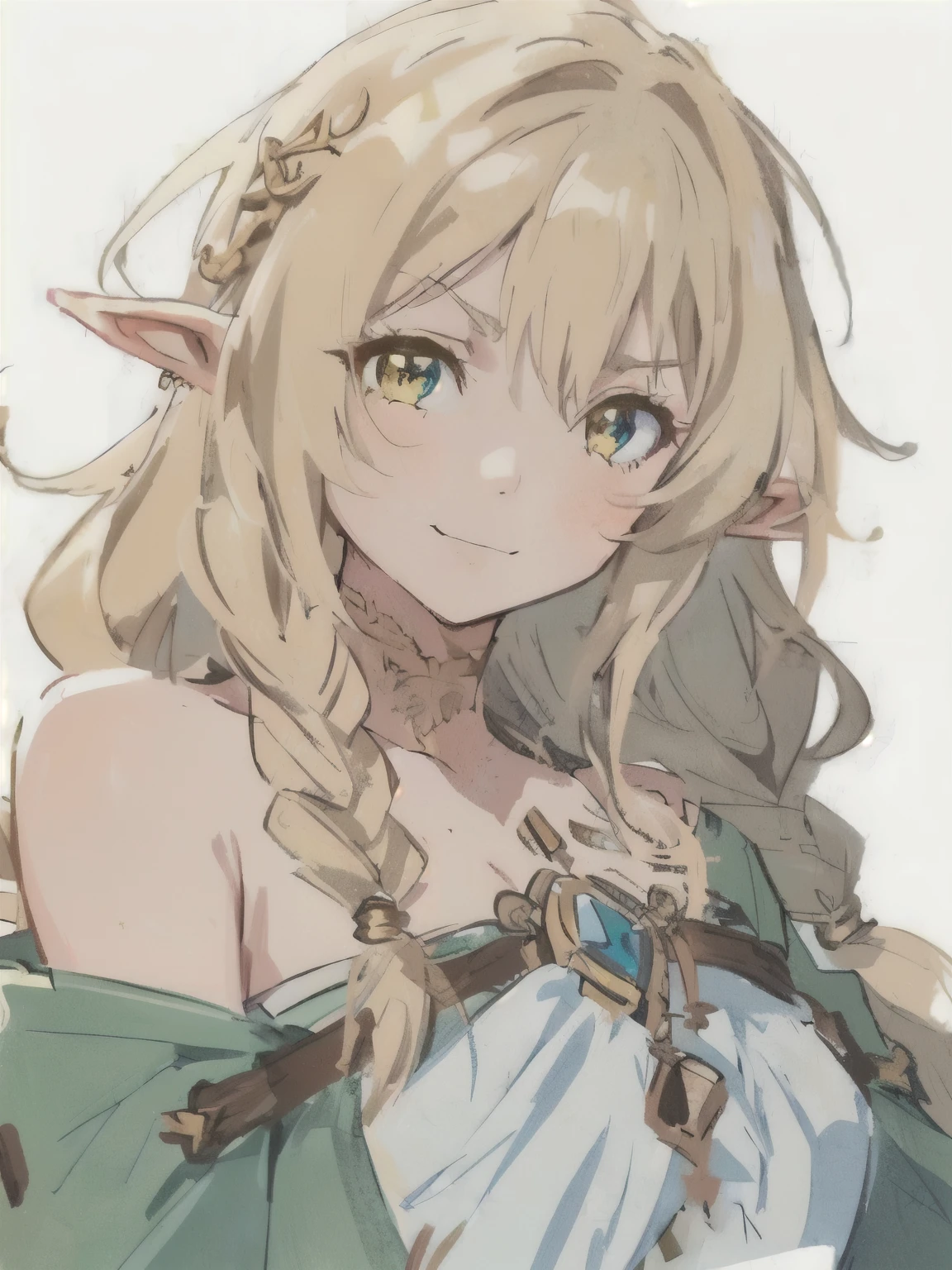 a woman with long blonde hair and blue eyes wearing a green dress, elf girl, elf princess, (((mad))) elf princess, an elf queen, she has elf ears and gold eyes, elf queen, zelda botw, genshin, botw, an elf, botw style, elven character with smirk, portrait of an elf queen, (((yellow clothes))), yellow dress, yellow clothing 