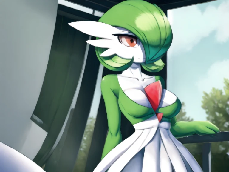 1girl, solo, gardevoir, creatures \(company\), game freak, nintendo, pokemon, pokemon \(game\), bangs, colored skin, female focus, flat chest, slim body, slender figure, fullbody, gen 3 pokemon, green hair, green skin, hair over one eye, multicolored skin, pokemon \(creature\), red eyes, short hair, two-tone skin, white skin, at home, empty eyes, dull eyes, blank eyes, blank expression, hypnotized, dazed, blank, enthralled, cocktail dress,
