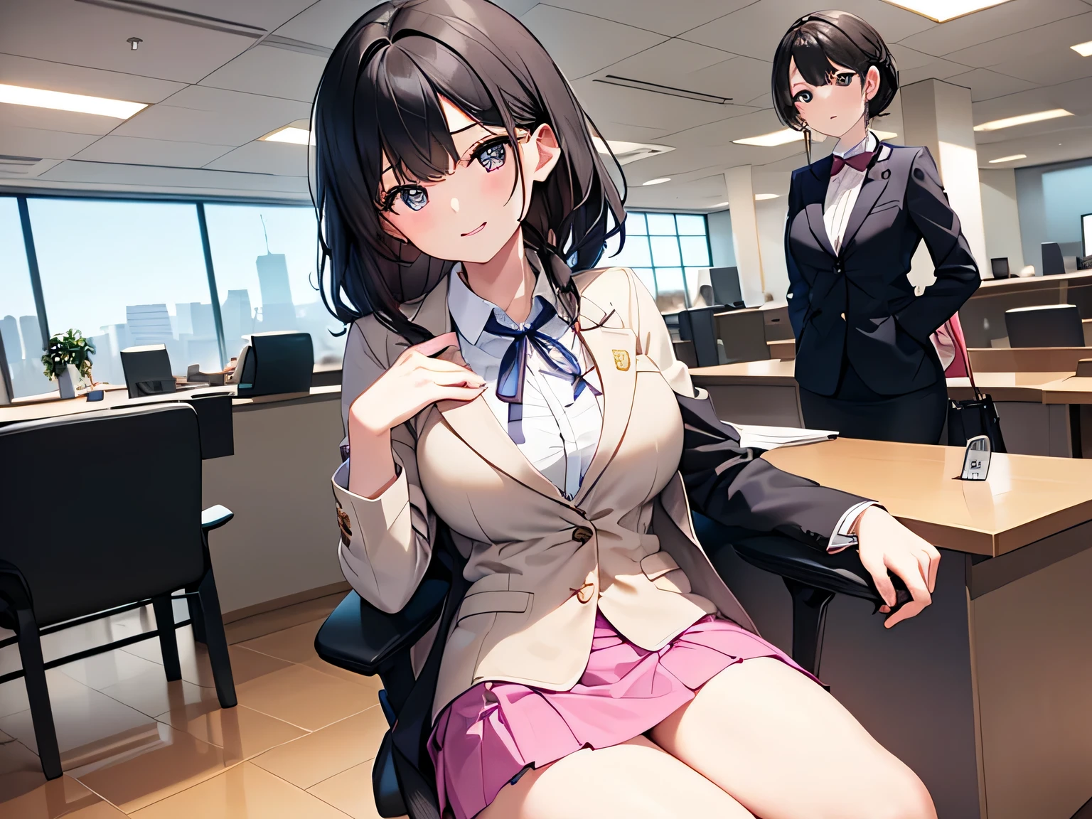 (Masterpiece, top quality, high resolution, realistic photo, realistic looking skin:1.1),
(Women are receptionists, serving customers in office chairs inside the general reception counter:1.8),
(She has a smiling expression:1.5), 
(She is wearing a pink blazer and pink mini-skirt setup:1.8),
(The blazer and inner shirt are all buttoned up:1.8),
(She is wearing black pumps on her feet:1.5),
(She is wearing a ribbon around her neck: 1.5),
(She has medium black hair: 1.5),
(Located in an office chair inside the general reception counter of the convention center:1.5),
Full bodied esbian, beautiful eyes, shining eyes, shining thighs, NSFW.