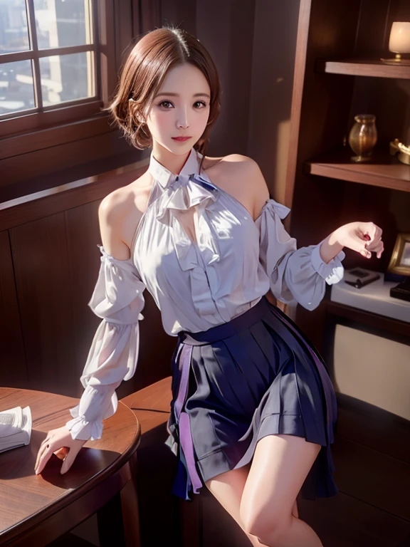 (Realistic、High resolution:1.3),alone, One Girl, masterpiece, highest quality, Very detailed, Cinema Lighting, Intricate details, High resolution, Official Art, Beautifully detailed face and eyes, High resolutionのイラスト, 8k, (short bun hair), Ash Brown Hair:1.3, Very thin body, ((Chiffon long skirt、Chiffon blouse:1.3)) 、Single Blade, blue eyes, Glasses, Crossing your legs, Sit on a chair, patterned high heels,Upper Body, Big Breasts, Book_stack, library, ((vine)), Looking at the audience