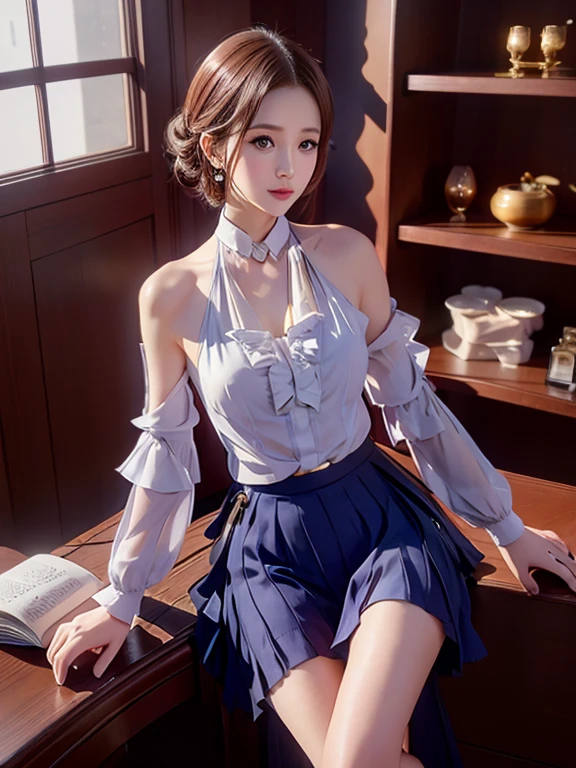 (Realistic、High resolution:1.3),alone, One Girl, masterpiece, highest quality, Very detailed, Cinema Lighting, Intricate details, High resolution, Official Art, Beautifully detailed face and eyes, High resolutionのイラスト, 8k, (short bun hair), Ash Brown Hair:1.3, Very thin body, ((Chiffon long skirt、Chiffon blouse:1.3)) 、Single Blade, blue eyes, Glasses, Crossing your legs, Sit on a chair, patterned high heels,Upper Body, Big Breasts, Book_stack, library, ((vine)), Looking at the audience