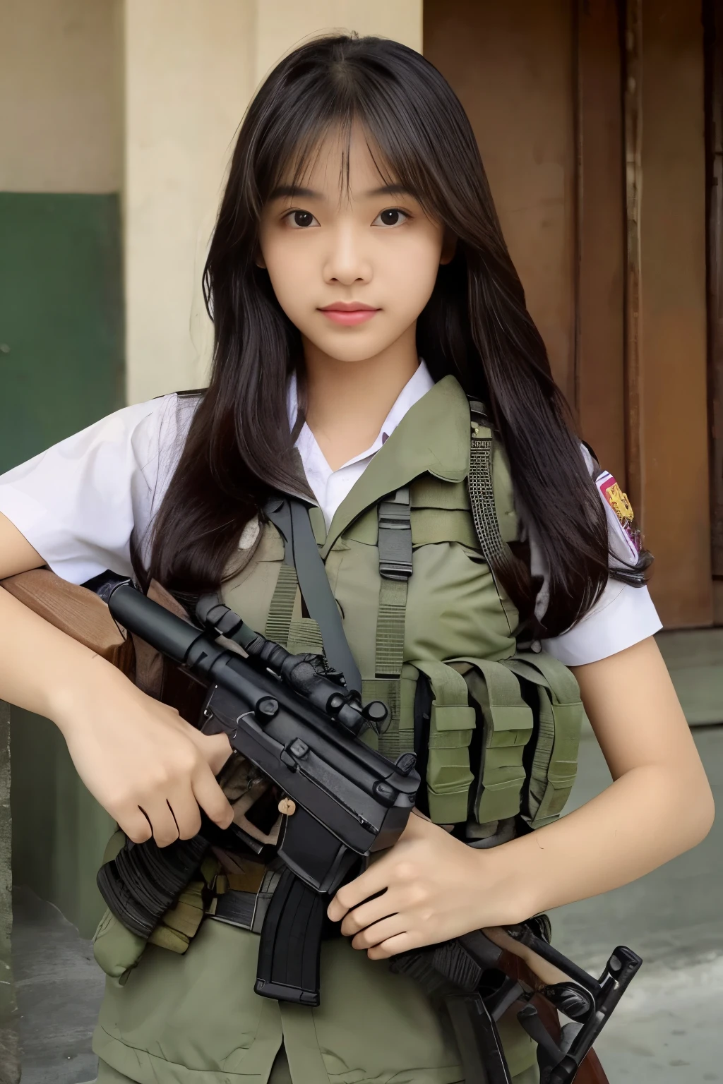Masterpiece, beautiful 20 year old Indonesian woman in student uniform holding AK47 rifle, long hair, slim athletic body, detailed eyes, proud Indonesian female student, portrait of female student, female student portrait, beautiful female student, Indonesia, about a sniper girl in the war, holding a rifle AK47, holding a rifle, arms folded, portrait of a female city guard, standing in the middle of the city, portrait taken from below, portrait taken, by Arthur Sarkissian, face full of determination, with an AK47 rifle, with an AK47 rifle in hand, very high resolution .photorealistic: 1.4, UHD, beautiful city background,.