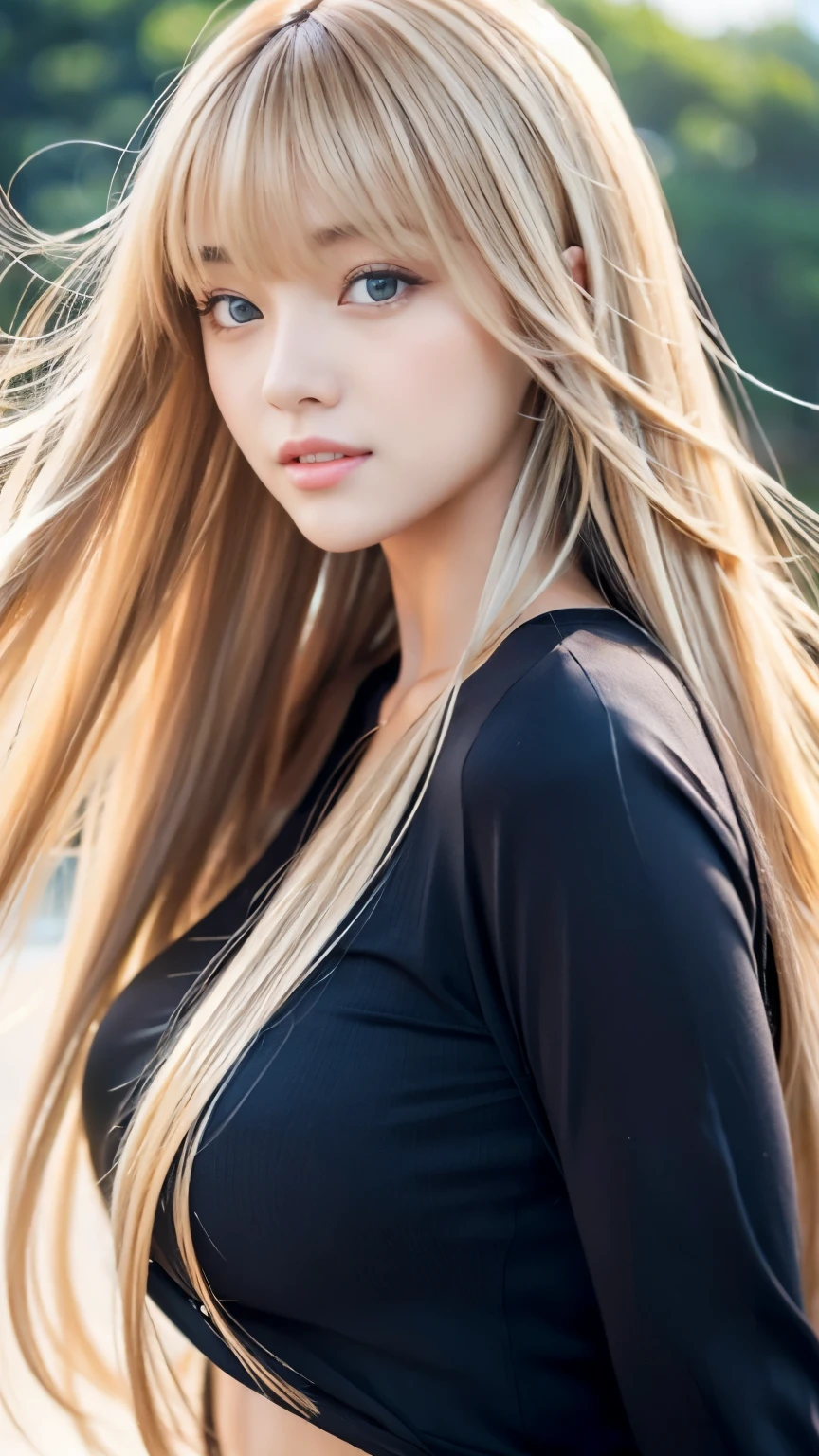 Sexy big 、18 year old beautiful girl sexy cute looks and cute, beautiful and sexy face、A strong wind blows my hair in front of my face、Beautiful long blonde straight hair with beautiful cute and sexy eyes hidden in her long bangs