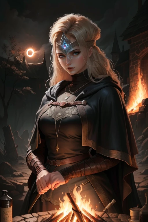 Firekeeper - Dark Souls 3, mask, mask covers eyes, mouth and nose exposed, ig model | artgerm, extremely detailed artgerm, hyperrealistic fantasy art, artwork in the style of guweiz, artgerm and wlop, wlop and artgerm, alena aenami and artgerm, artgerm. anime illustration, dark moody atmosphere, solar eclipse, outside, stars, bon fire