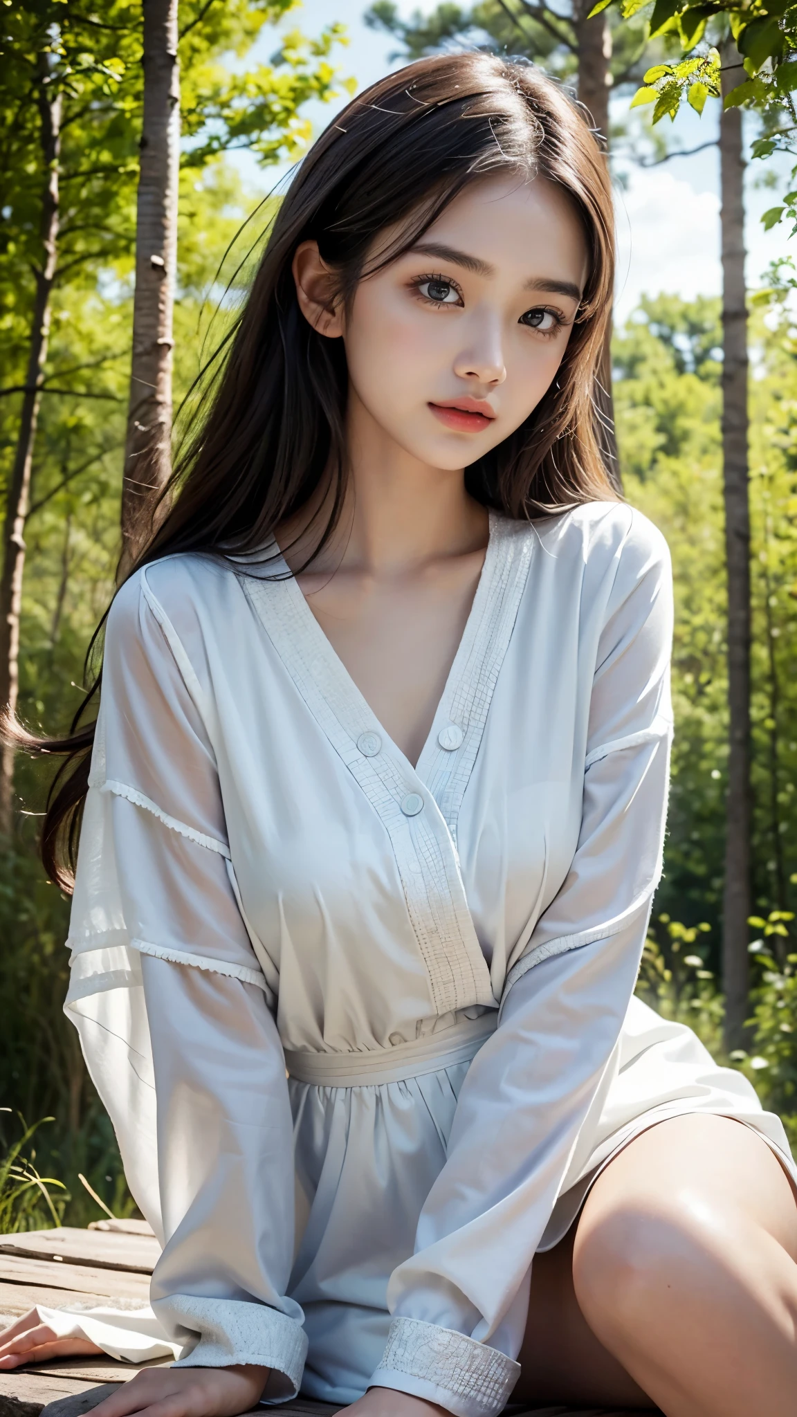 18 years girl, Asian Beauty Girl, A beautiful and cute girl, full body photo, extremely beautiful and delicate, black hair, sweet smile, delicate beautiful fair skin, realistic and realistic, exquisite and complete facial features, detailed facial portrayal, high nose bridge, flowing smooth hair, extremely delicate hair, soft temperament, face light, tall, thin, real, hyper-real, full-body lens, forward tilt angle, ultimate picture quality, highest precision, accurate and perfect human body structure. Blue sky and white clouds, sitting in the woods, blue sky and white clouds, sunlight, 