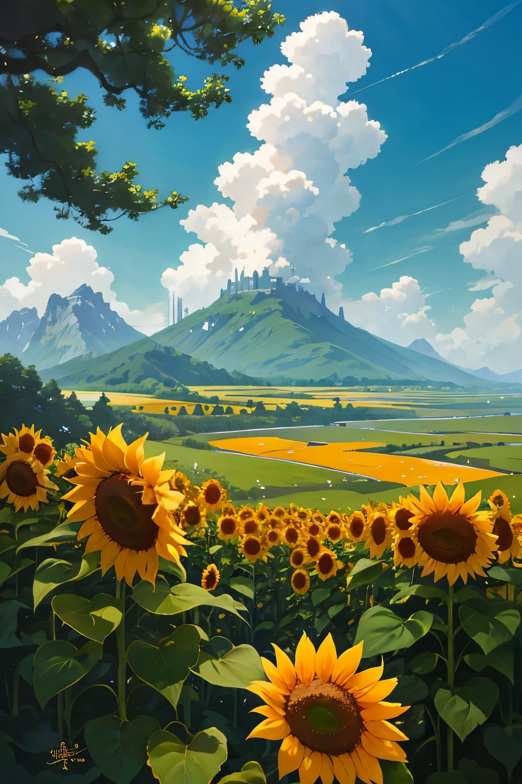 Realistic, exquisitely detailed oil painting in the style of Studio Ghibli and Hayao Miyazaki's magnificent world. Sunflowers in full bloom dot the landscape, their vibrant yellow petals contrasting against the rich greens of the mountains and the serene, blue river below. Rolling hills and towering, jagged mountains touch the sky, where white, fluffy clouds lazily drift. The warm sunlight filters through the foliage, casting dappled shadows across the terrain, bringing the scene to life with a breathtaking sense of depth and realism.