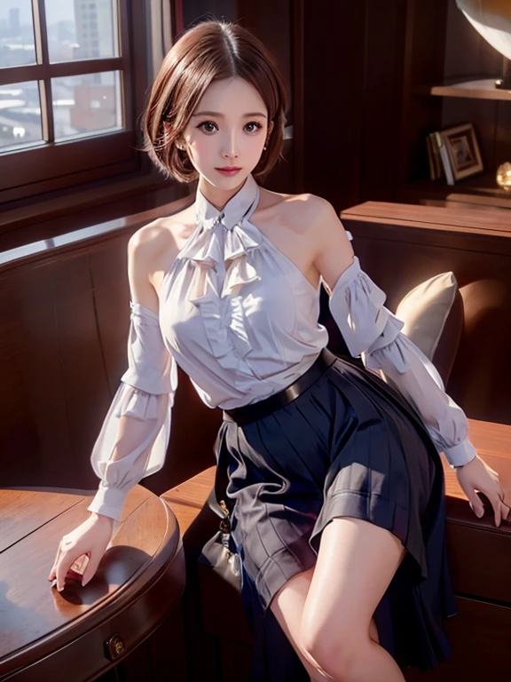 (Realistic、High resolution:1.3),alone, One Girl, masterpiece, highest quality, Very detailed, Cinema Lighting, Intricate details, High resolution, Official Art, Beautifully detailed face and eyes, High resolutionのイラスト, 8k, (short bun hair), Ash Brown Hair:1.3, Very thin body, ((Chiffon long skirt、Chiffon blouse:1.3)) 、Single Blade, blue eyes, Glasses, Crossing your legs, Sit on a chair, patterned high heels,Upper Body, Big Breasts, Book_stack, library, ((vine)), Looking at the audience
