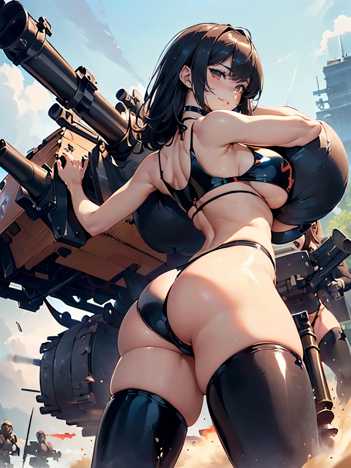 ((1 lady))、ultra-detailliert, Top image quality, digitial illustration, Seductive Anime Girl, Glossy realistic skin texture、Meticulously drawn hair, Meticulously drawn eye, Sharp Focus, Precise human body structure、Smooth texture、((back view:1.4))、((Combative posing:1.5))、((Holding a big Heavy artillery:1.6))、((bazooka and gatling gun and machinegun))、((dynamism:1.3))、((from below:1.3))、((Being in battle field:1.4))、big panzer、seductive smile、((latex micro bikini:1.3 crop top:1.3))、((sleeveless))、((crop top navel))、((highleg:1.3))、((huge breasts:1.3))、((huge hip:1.3))、((thick thighs))、curvy、((cameltoe))