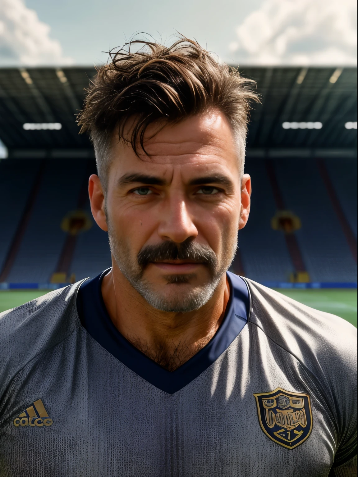 masterpiece, best quality, high resolution, closeup portrait, male focus, solo focus, A man, 60 years old, grey hair, soccer player, football player, grey silver hair, messy hairstyle, cute and seductive face, bare chest, body hair, scruffy look, facial hair, roman nose, very skinny body, hairy legs, cute, dimples, goatee and mustache, bold jawline , full body, sweaty, in the background an outdoor soccer football field, view from below, amazing composition, front view, HDR, ultra quality, elegant, highly detailed, fully naked, beautiful penis, realisric male genitalia, male penis, penis, cock, dick, veiny dick
