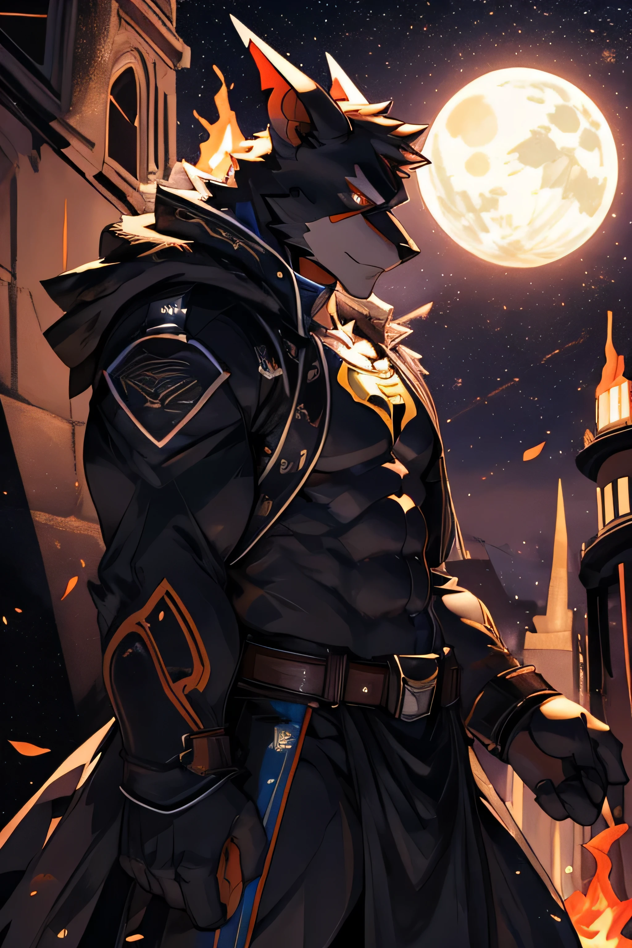 yellow and red flames burning behind muscular batman with darkness covering half of his face. Batman has short black hair. there is space between batman and the fire. The bat symbol on his chest is visible