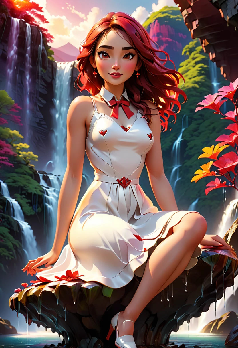 A powerful and vibrant 3D rendered image of a woman. She is wearing a white dress and red details, sitting on a floating platform, beside her several colorful and luminous personified emotions, symbolizing her acceptance and connection with her feelings. The background shows a stunning landscape of mountains and waterfalls, with a sunset casting warm tones across the scene. The overall environment is uplifting and cinematic, evoking a sense of empowerment and transformation., cinematic, photographic, 3D rendered, vibrant