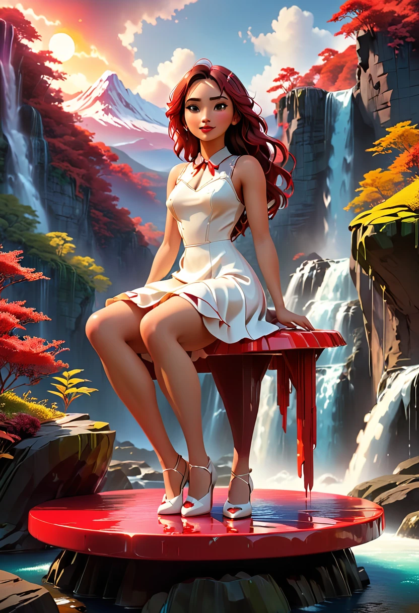 A powerful and vibrant 3D rendered image of a woman. She is wearing a white dress and red details, sitting on a floating platform, beside her several colorful and luminous personified emotions, symbolizing her acceptance and connection with her feelings. The background shows a stunning landscape of mountains and waterfalls, with a sunset casting warm tones across the scene. The overall environment is uplifting and cinematic, evoking a sense of empowerment and transformation., cinematic, photographic, 3D rendered, vibrant