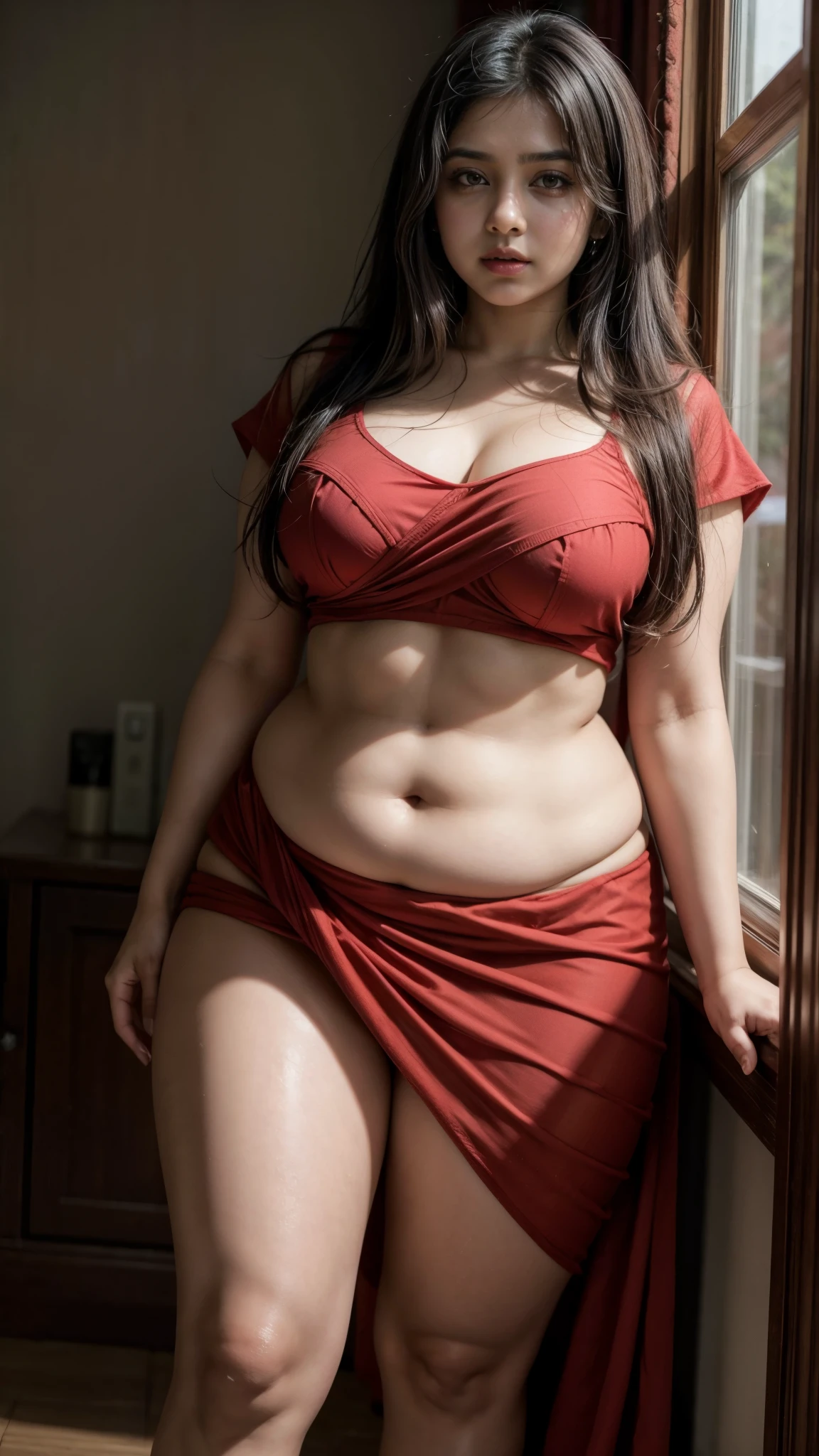 Thick , Curvy, indian girl in red nude saree, thick thighs, plumb, erotic, nsfw