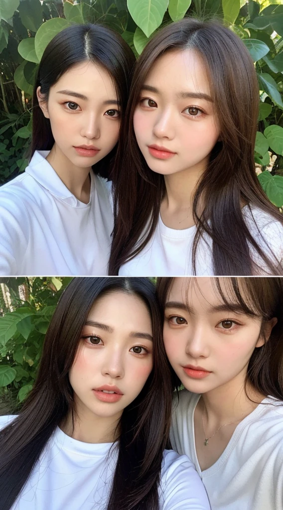 （（Best quality，32k，masterpiece：0.618）），Be focused：1.2，Two beautiful young women，Perfect body：0.618，Slim abdominal muscles：0.618，（Dark Brown Hair 0.618）），（White buttoned long shirt：1.1），Tropical Garden：1.2，Highly detailed face and skin textures，Delicate eyes，Double eyelids,High nose bridge