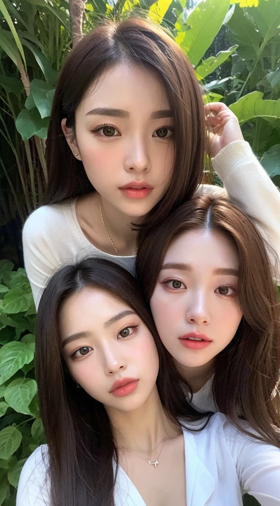 ((Best quality,32k,masterpiece:0.618)),Be focused:1.2,Two beautiful young women,Perfect body:0.618,Slim abdominal muscles:0.618,(Dark Brown Hair 0.618)),(White buttoned long shirt:1.1),Tropical Garden:1.2,Highly detailed face and skin textures,Delicate eyes,Double eyelids,High nose bridge
