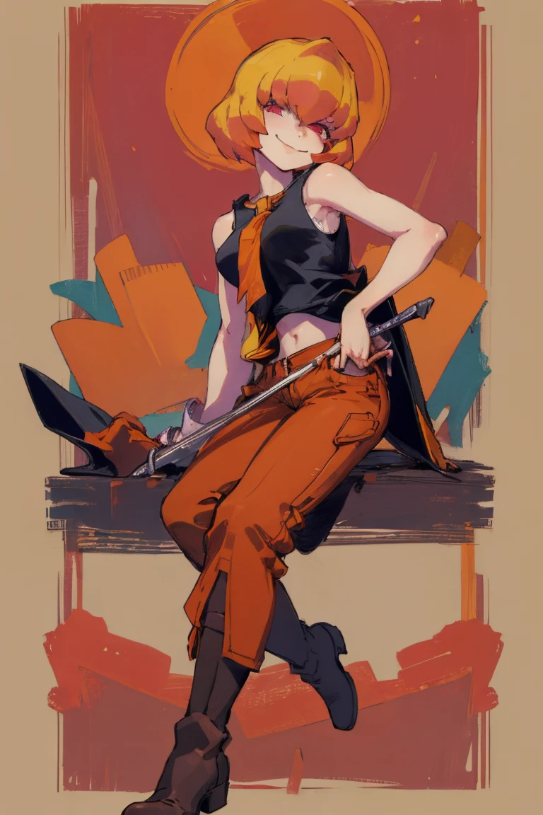 ((highest quality)), ((masterpiece)), (be familiar with),Clementine,Overload,{{nsfw}},Sleeveless shirt,pants,Bewitching Smile,whole body,boots