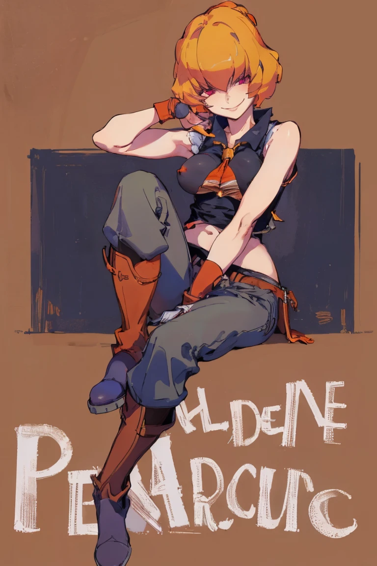 ((highest quality)), ((masterpiece)), (be familiar with),Clementine,Overload,{{nsfw}},Sleeveless shirt,pants,Bewitching Smile,whole body,boots