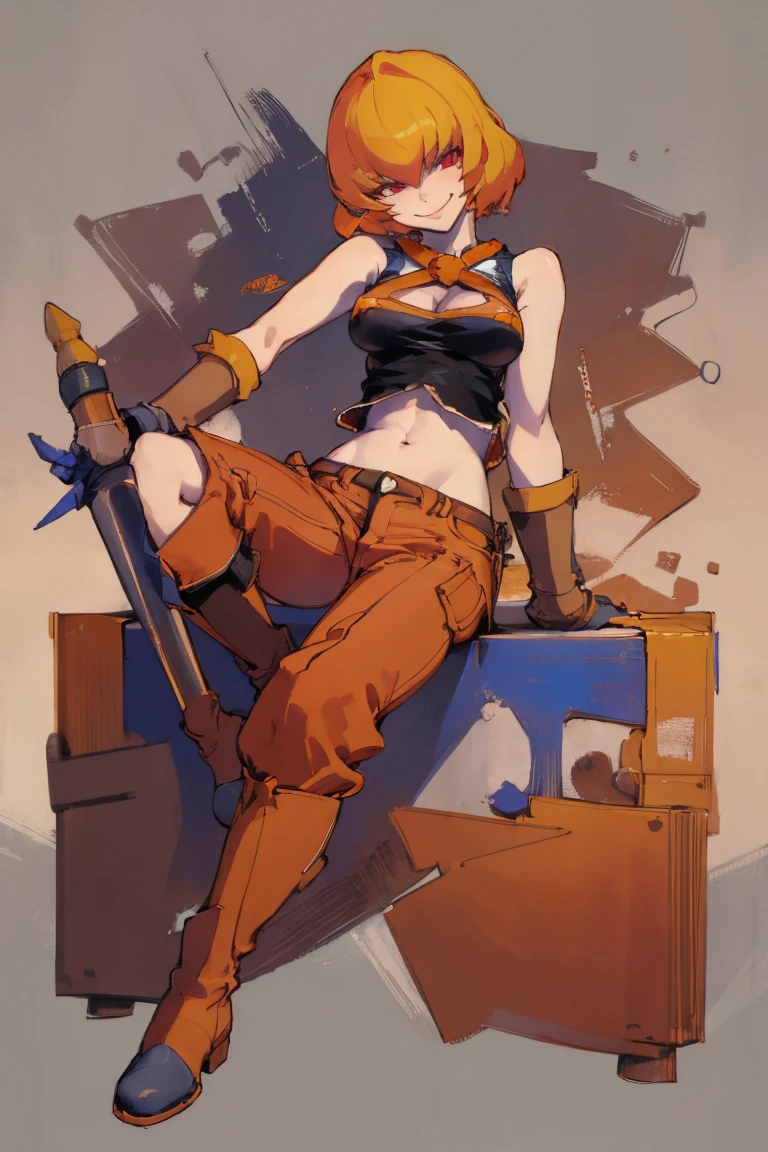 ((highest quality)), ((masterpiece)), (be familiar with),Clementine,Overload,{{nsfw}},Sleeveless shirt,pants,Bewitching Smile,whole body,boots