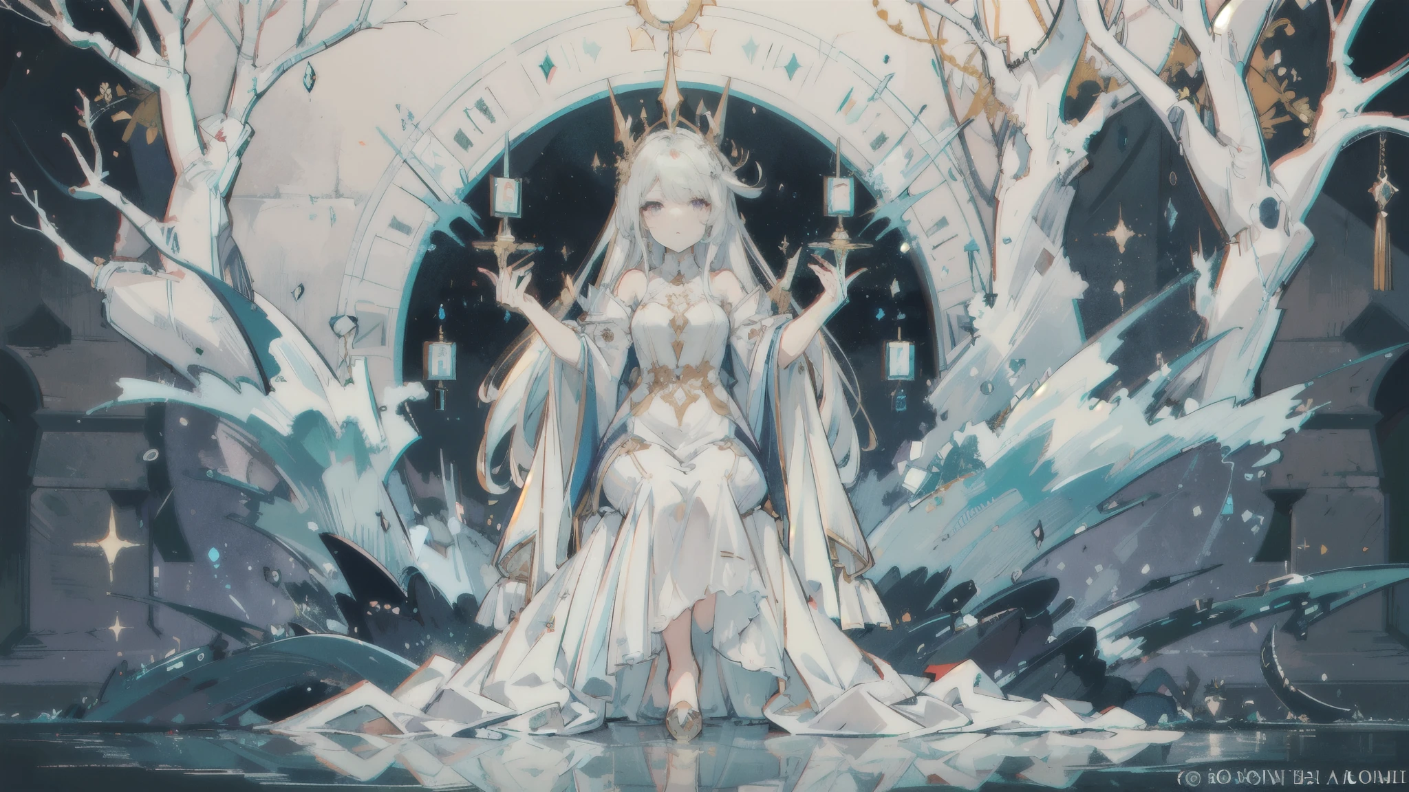 A vertical aspect, full-body image of a standing anime girl about 20-22 years old, designed to embody the style of a dark, magical city. Her attire is elegant, in white and gold, adorned with intricate glowing runes and patterns reminiscent of the city's architecture. Her long, flowing hair, styled like the city's spires, is tinged with chromatic aberrations and glitches, enhancing her surreal, otherworldly appearance. Her eyes are clear yet fierce, reflecting the deep darkness of a tar-black prism, adding to her eerie, captivating presence. Her overall look is corroded by intense glitches and chromatic aberrations, symbolizing time and space desynchronization. She expresses a mix of sarcastic anger and deadly calm, adding depth to her character. There must be one girl in the image.